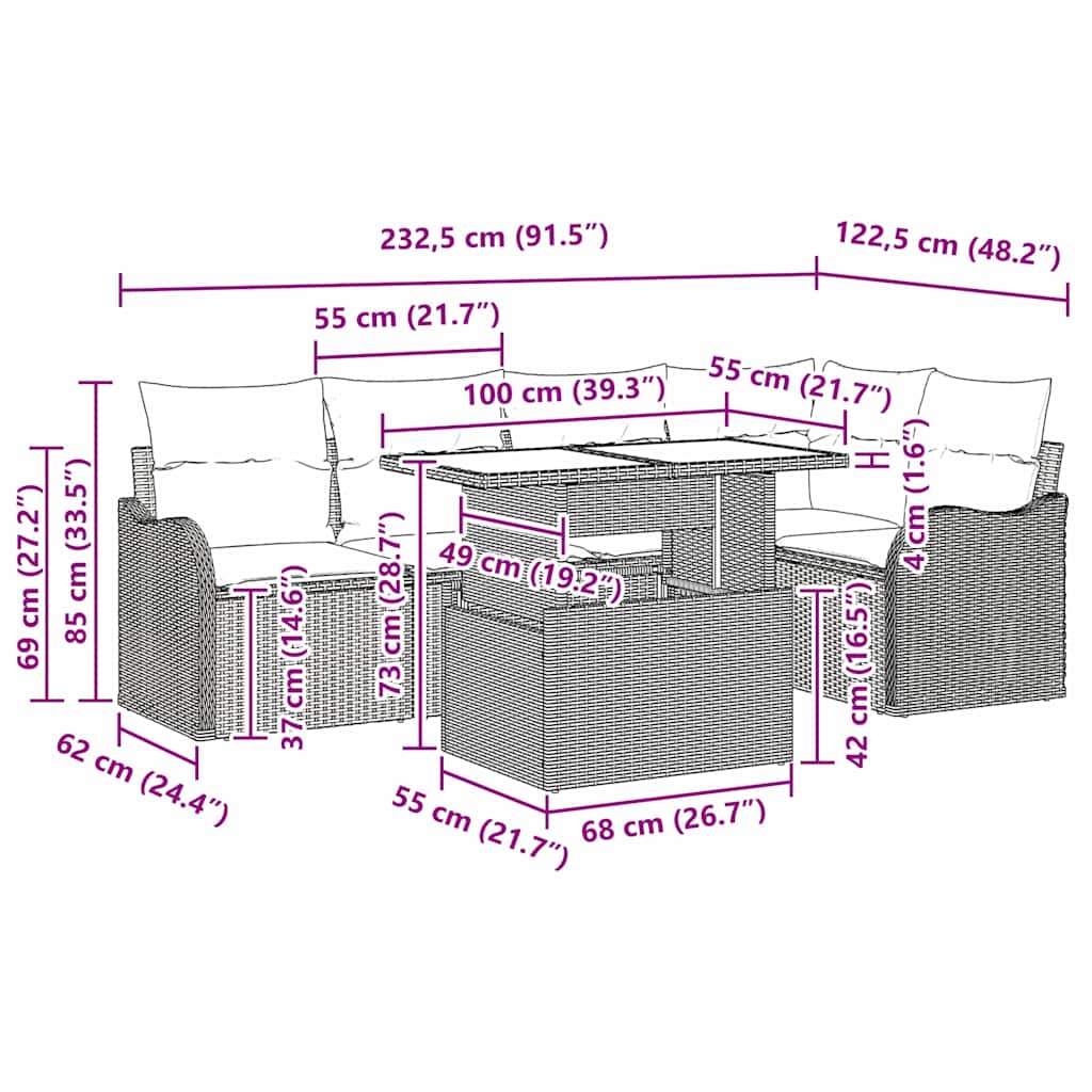 Essgruppe mit Kissen 6 pcs Grau Poly Rattan