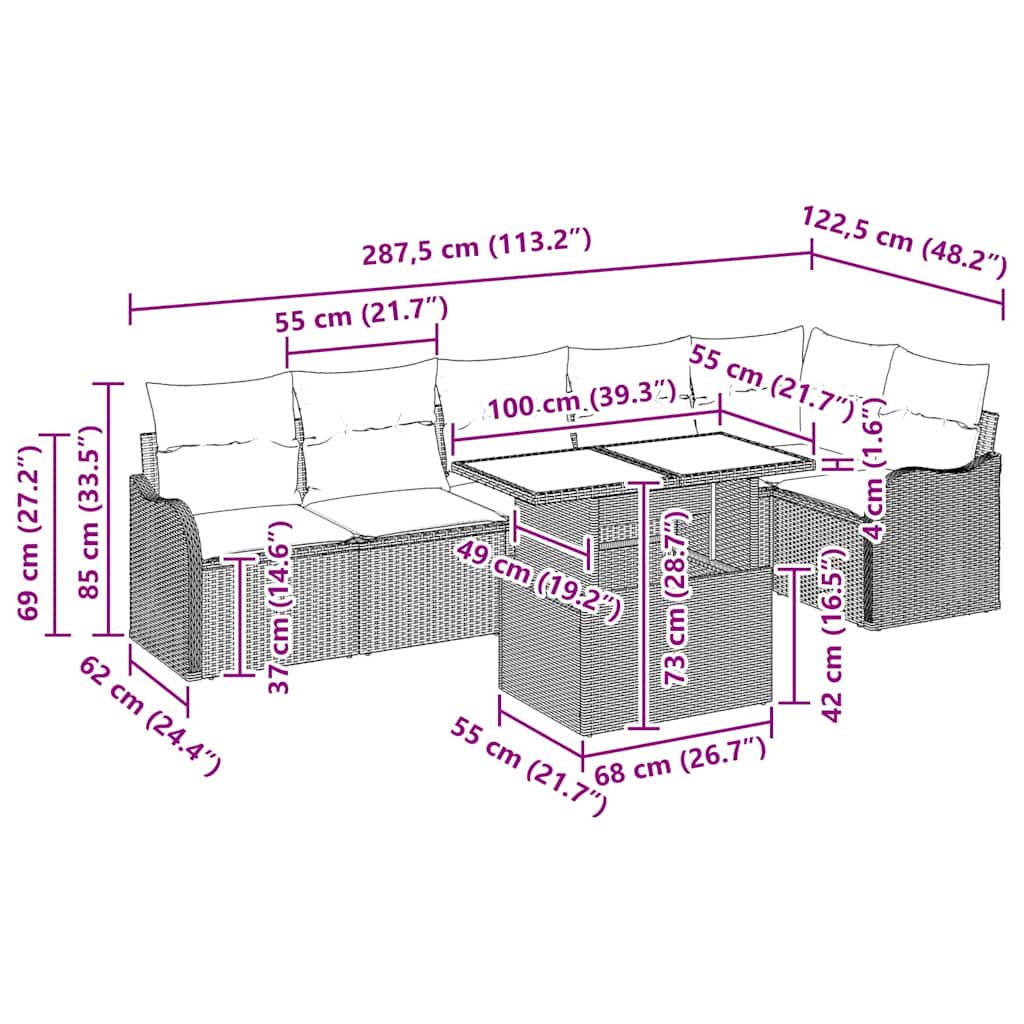 Sofa Set mit Kissen 7 pcs Braun Poly Rattan