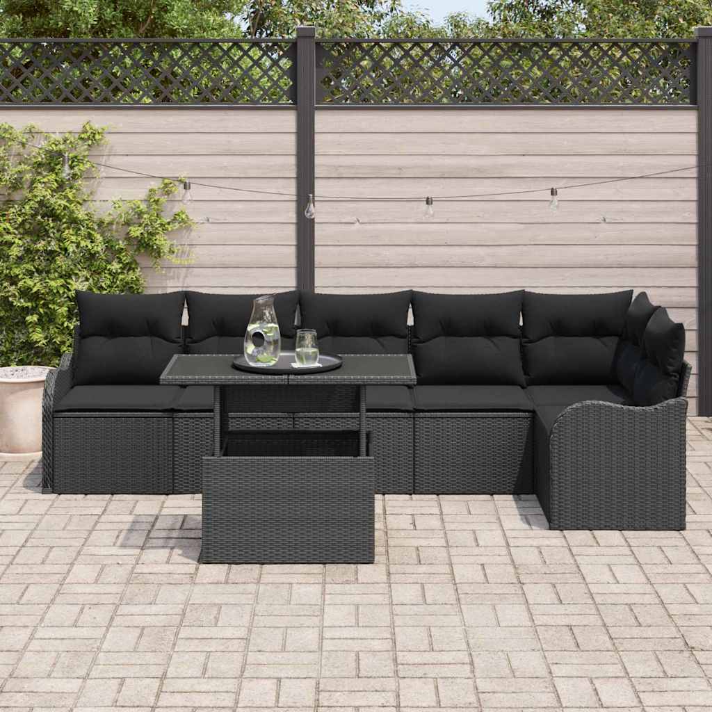 Sofa Set mit Kissen 7 pcs Schwarz Poly Rattan