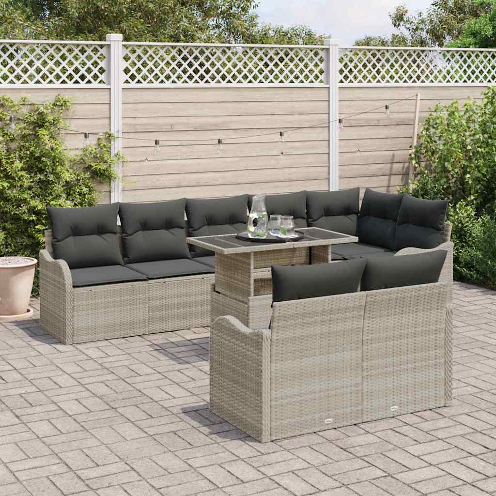 Lounge-Set mit Kissen 9 pcs Hellgrau Poly Rattan