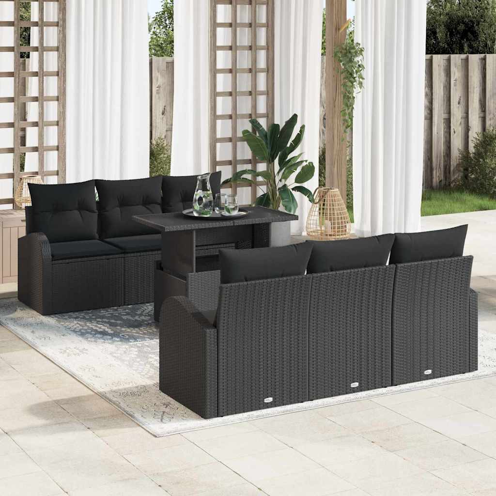 Gartensofa-set mit Kissen 7 pcs Schwarz Poly Rattan