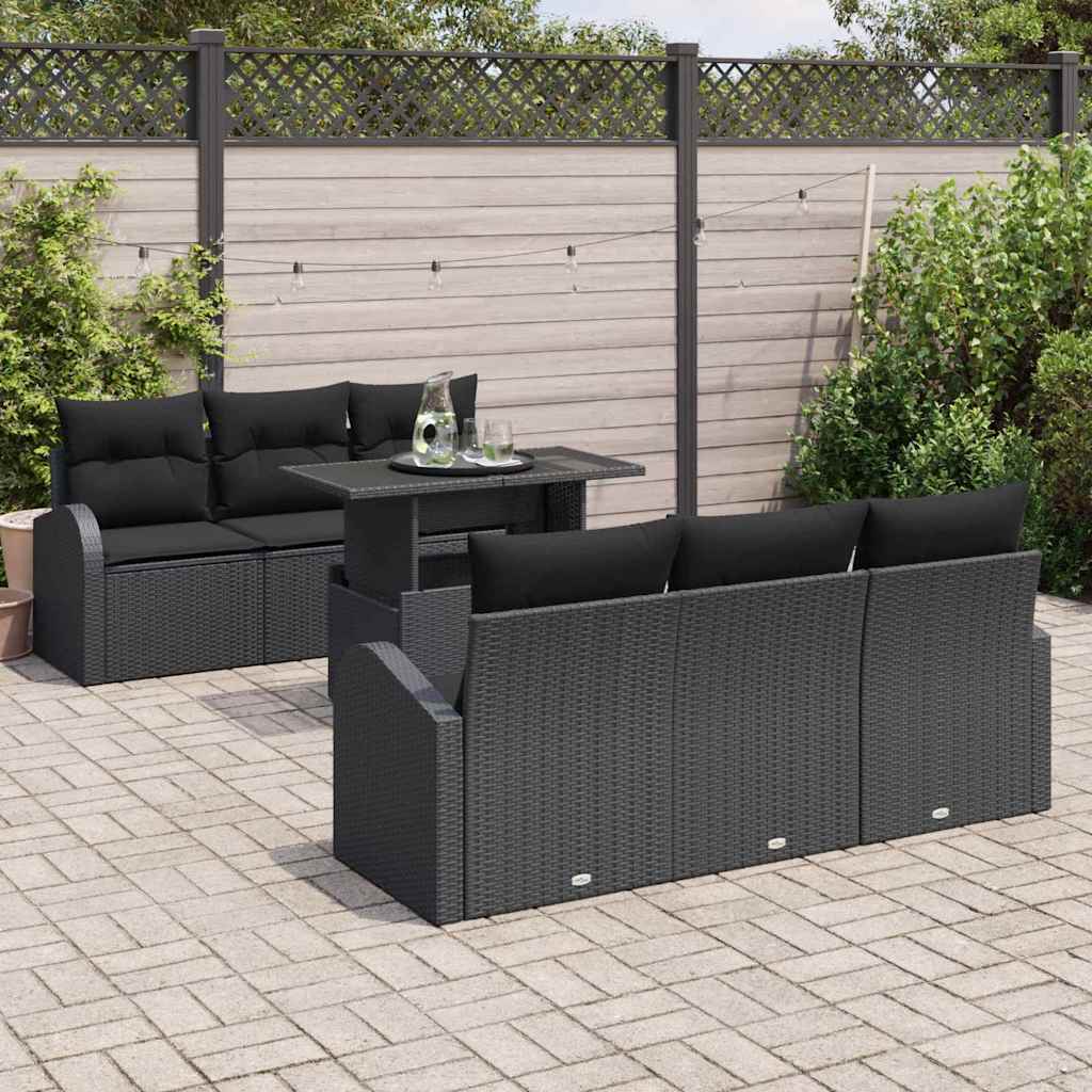 Gartensofa-set mit Kissen 7 pcs Schwarz Poly Rattan