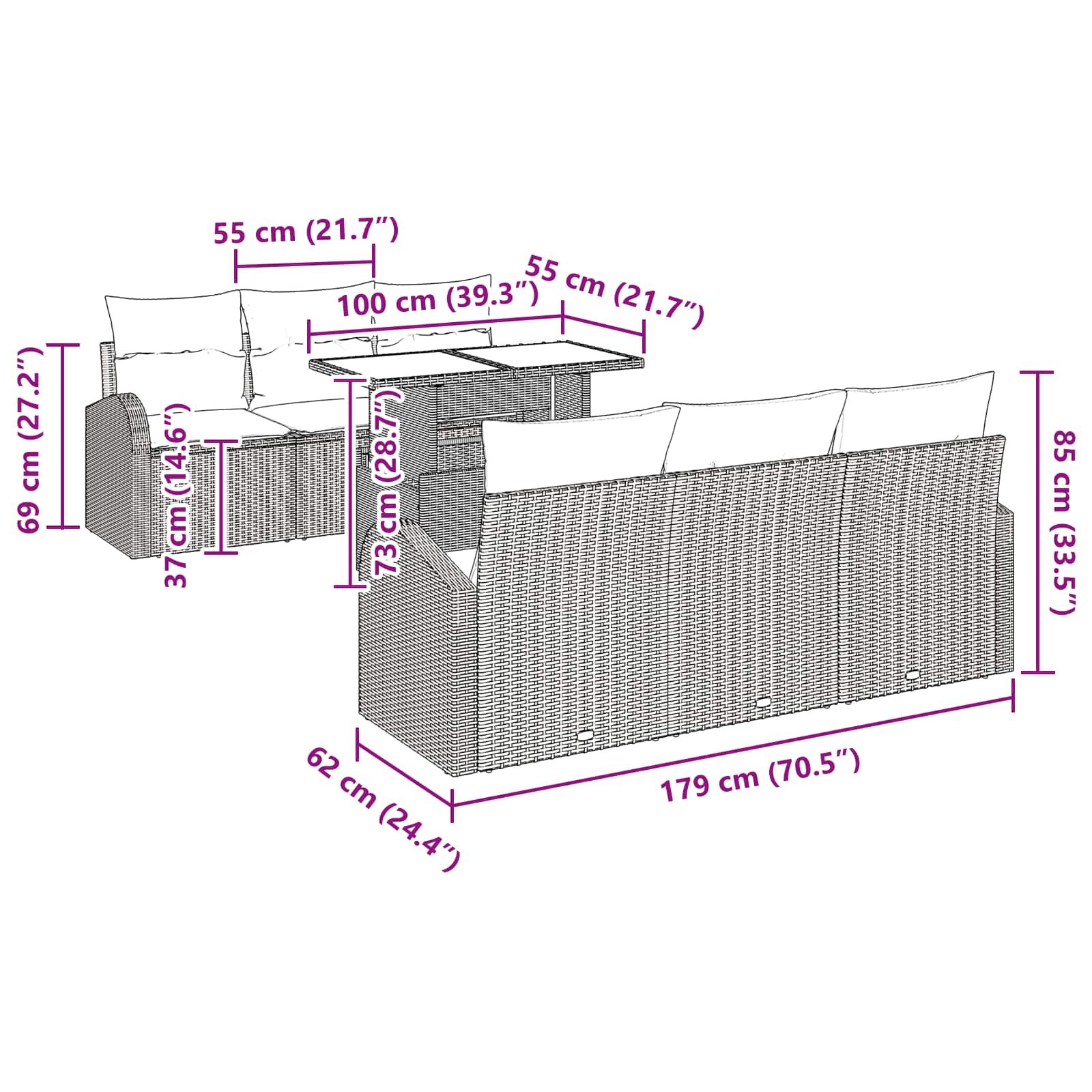 Gartensofa-set mit Kissen 7 pcs Braun Poly Rattan