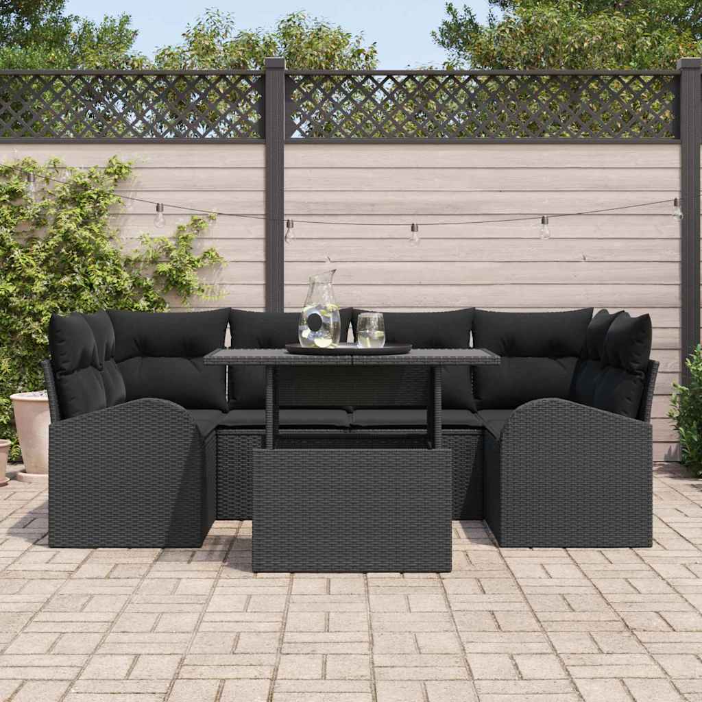 Gartensofa-set mit Kissen 7 pcs Schwarz Poly Rattan