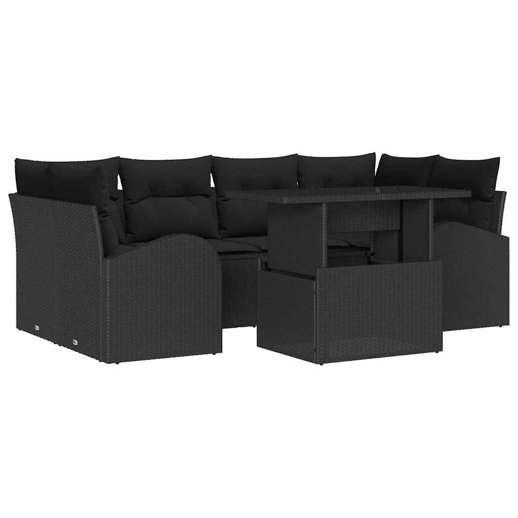 Gartensofa-set mit Kissen 7 pcs Schwarz Poly Rattan