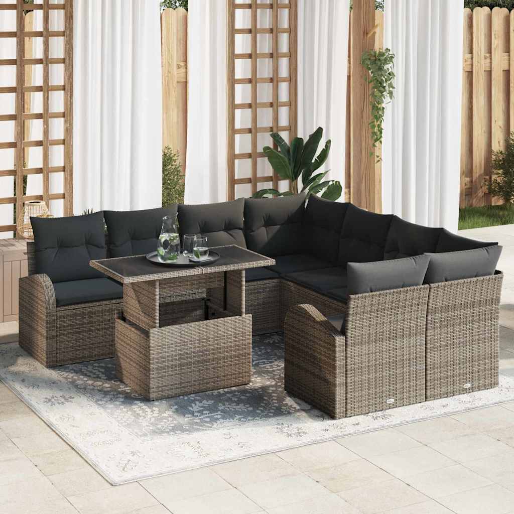 Gartensofa-set mit Speicher 9 pcs Grau Poly-Rattan