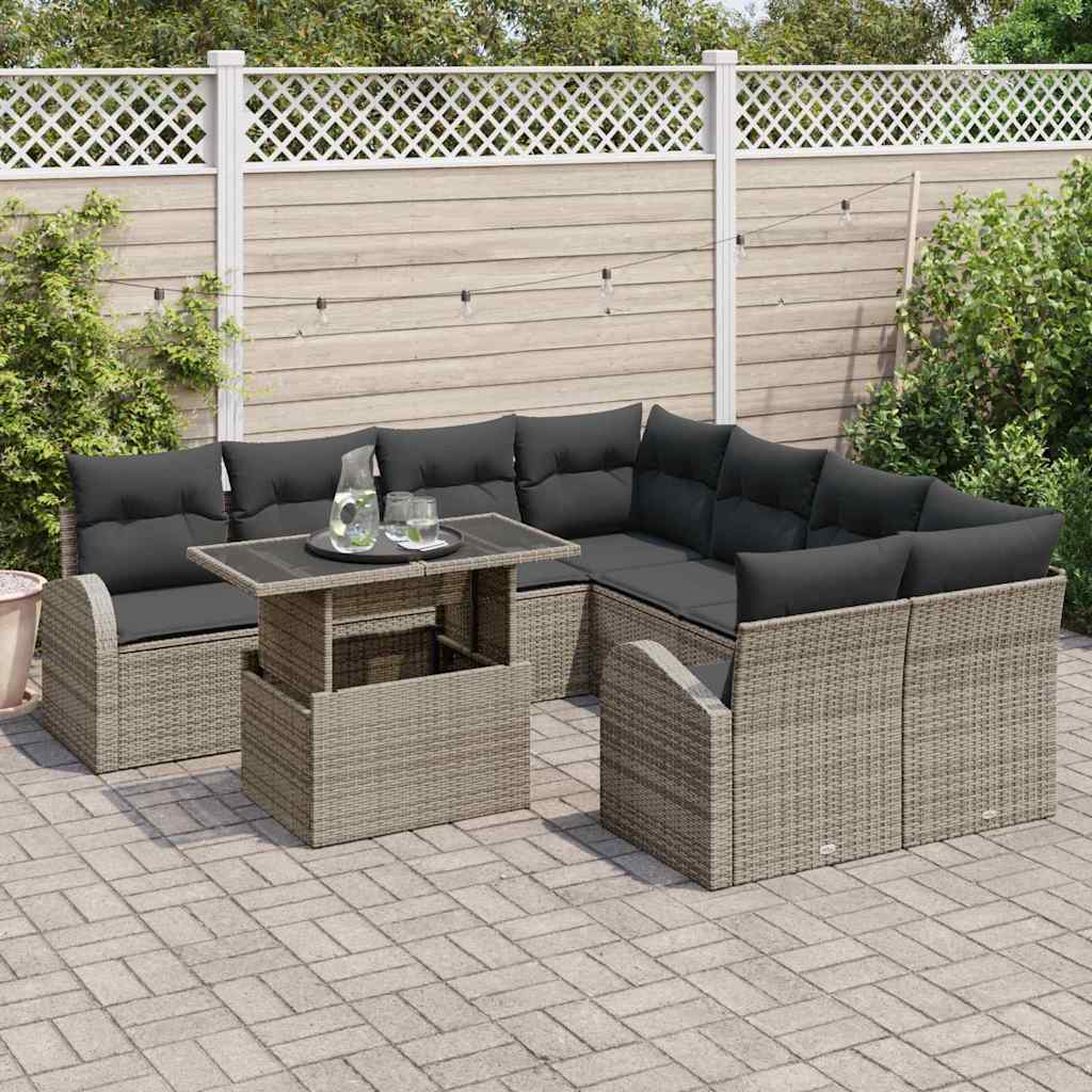 Gartensofa-set mit Speicher 9 pcs Grau Poly-Rattan
