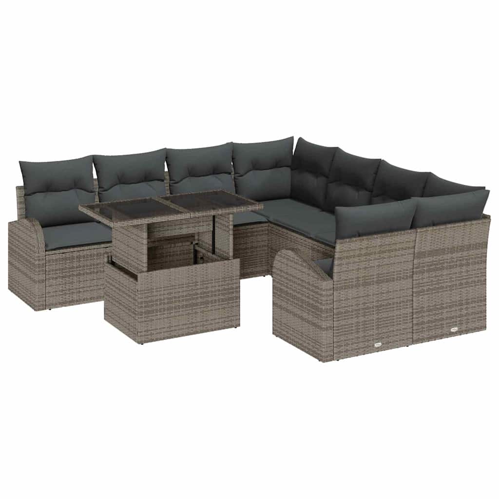 Gartensofa-set mit Speicher 9 pcs Grau Poly-Rattan