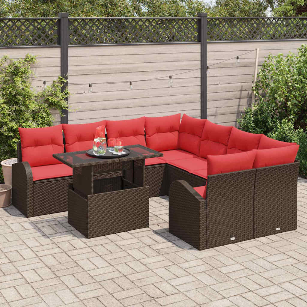 Gartensofa-set mit Speicher 9 pcs Braun Poly-Rattan