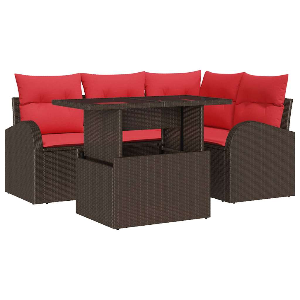 Gartensofa-set mit Speicher 5 pcs Braun und Rot Poly-Rattan