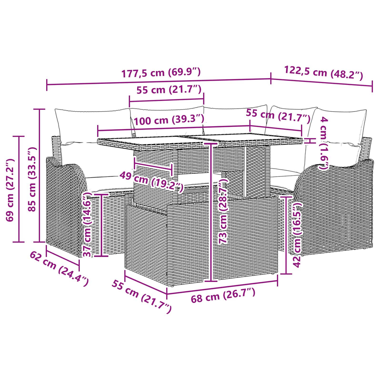Gartensofa-set mit Speicher 5 pcs Braun und Rot Poly-Rattan