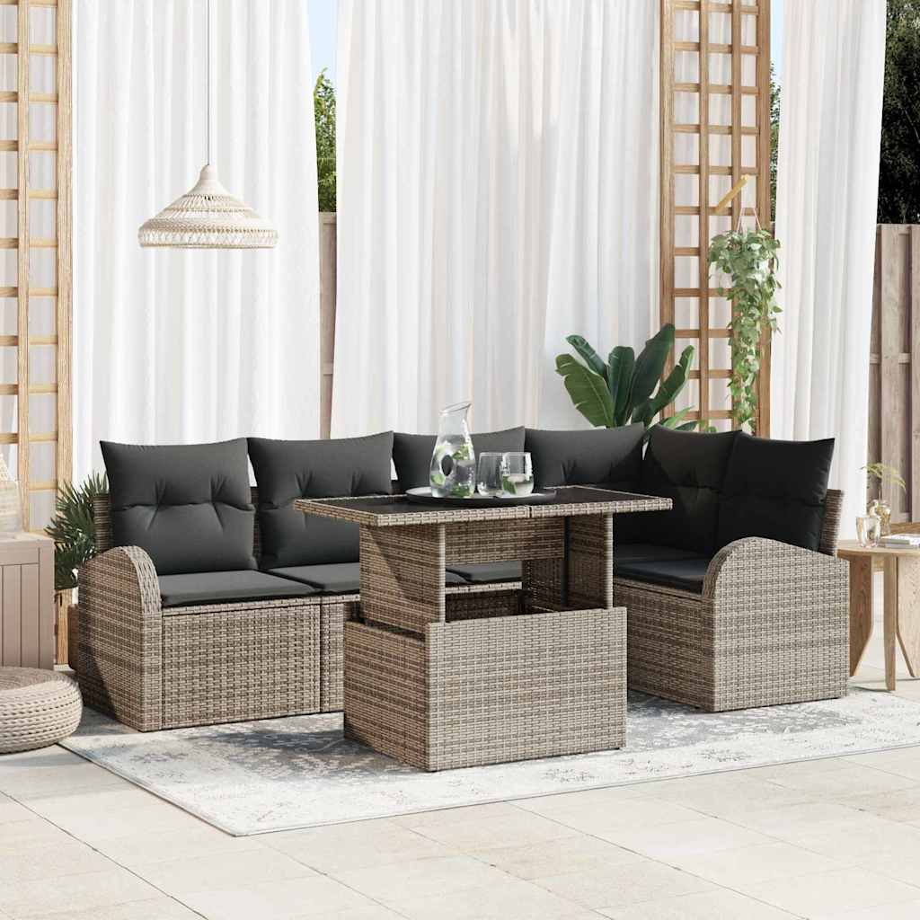 Gartensofa-set mit Speicher mit Kissen 6 pcs Grau Poly-Rattan