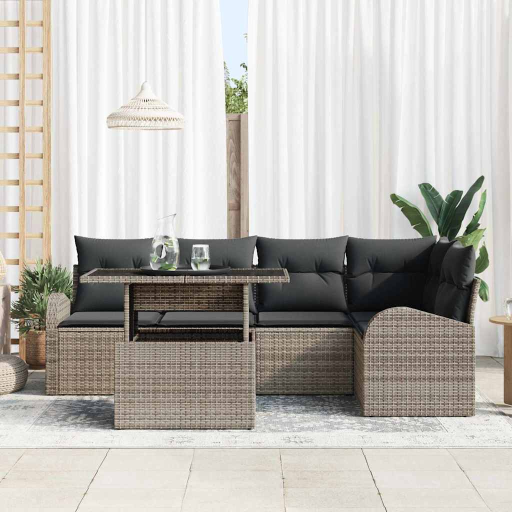 Gartensofa-set mit Speicher mit Kissen 6 pcs Grau Poly-Rattan