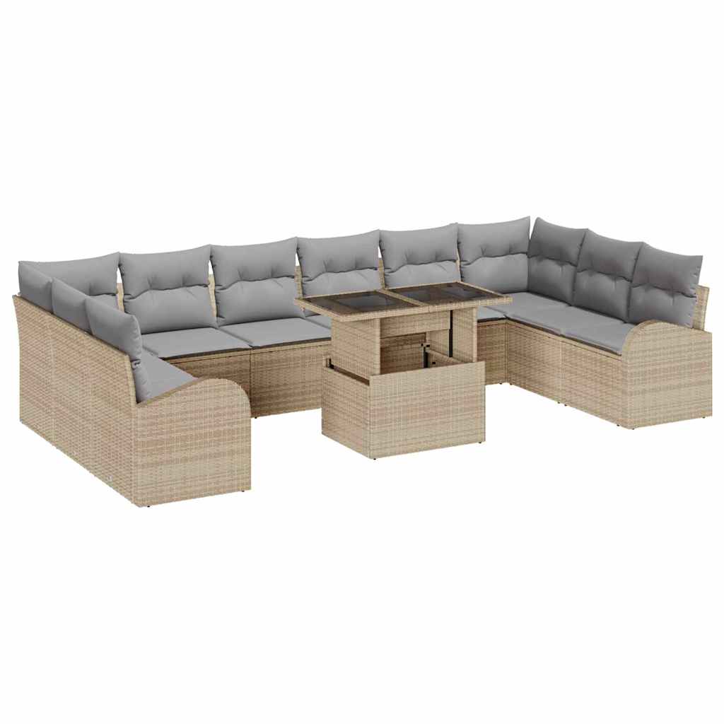 Gartensofa-set mit Kissen 11 pcs Beige und Hellgrau Poly-Rattan