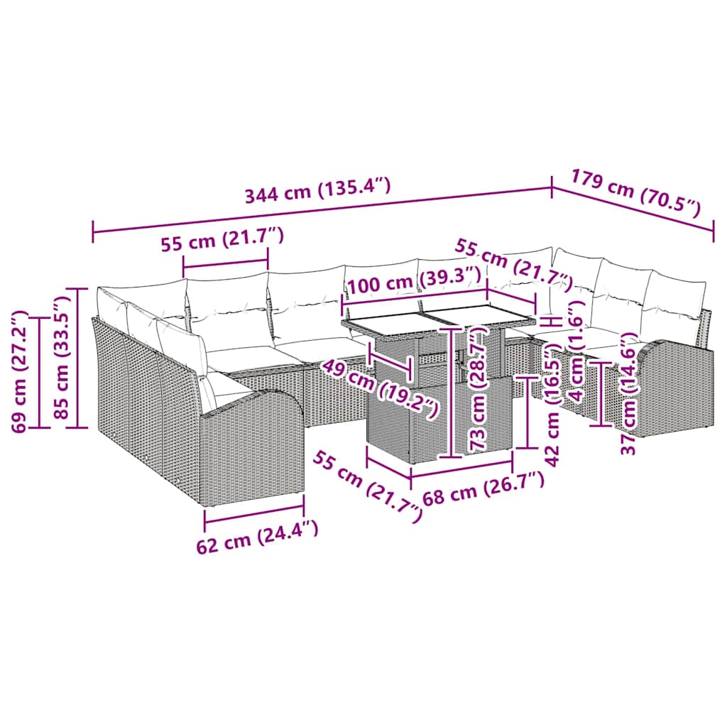 Gartensofa-set mit Kissen 11 pcs Beige und Hellgrau Poly-Rattan