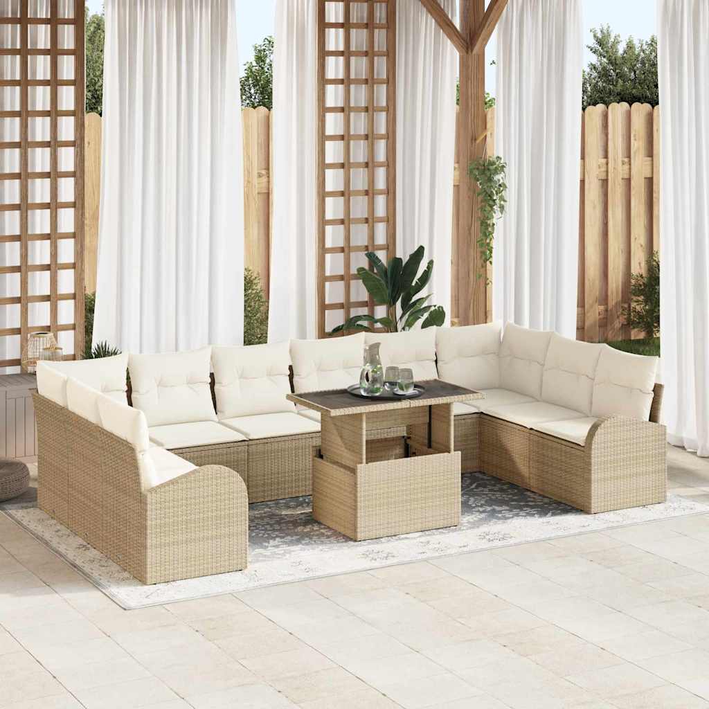 Gartensofa-set mit Speicher 11 pcs Beige und Creme Poly-Rattan