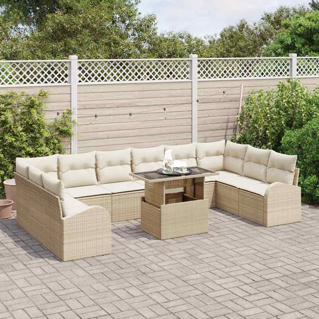 Gartensofa-set mit Speicher 11 pcs Beige und Creme Poly-Rattan
