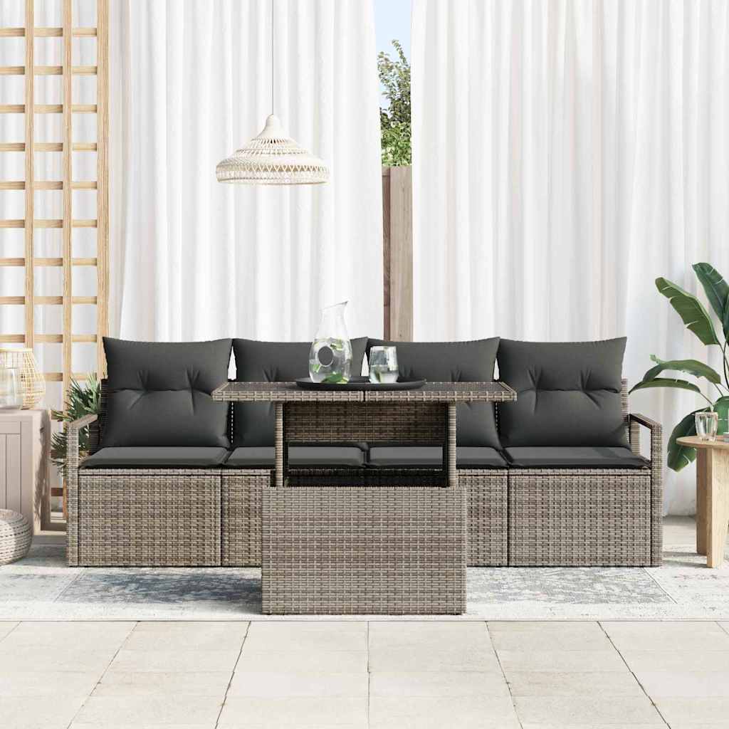 Gartensofa-set mit Speicher mit Kissen 5 pcs Grau Poly-Rattan