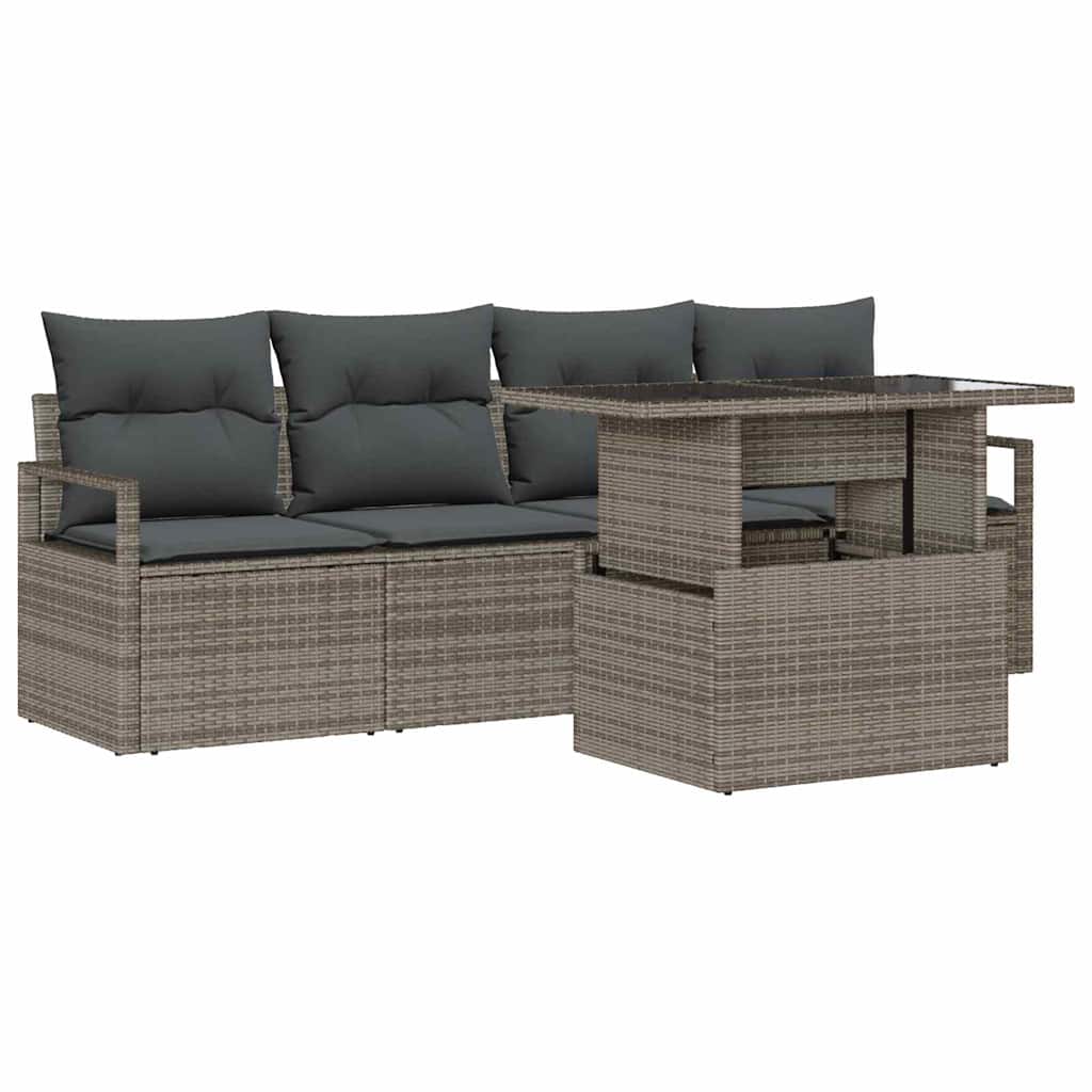 Gartensofa-set mit Speicher mit Kissen 5 pcs Grau Poly-Rattan