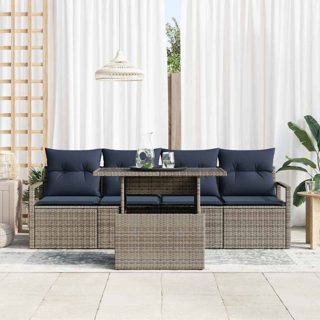 Gartensofa-set mit Speicher mit Kissen 5 pcs Grau Poly-Rattan