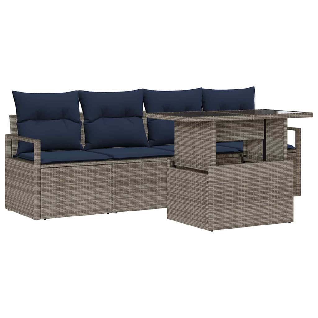 Gartensofa-set mit Speicher mit Kissen 5 pcs Grau Poly-Rattan