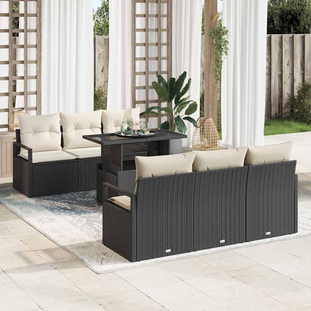 Gartensofa-set mit Speicher 7 pcs Schwarz und Creme Poly-Rattan