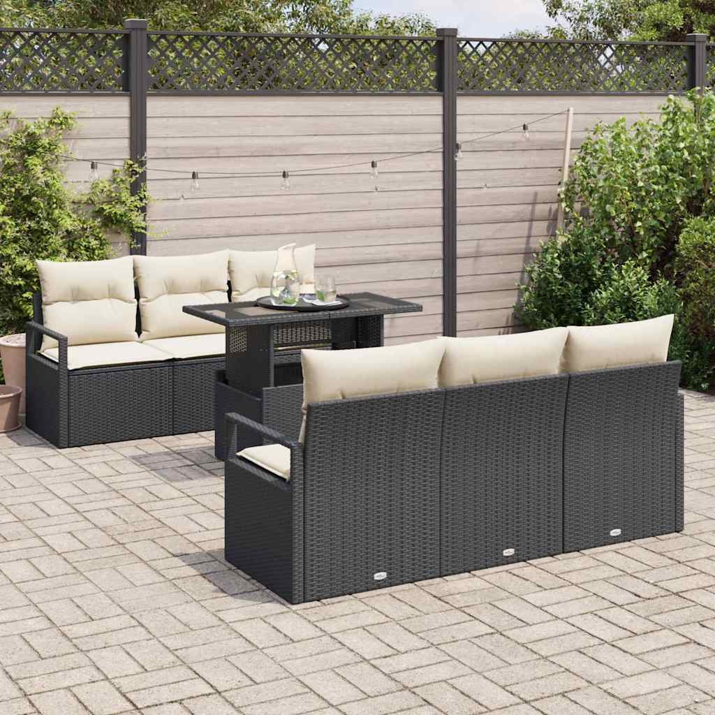 Gartensofa-set mit Speicher 7 pcs Schwarz und Creme Poly-Rattan