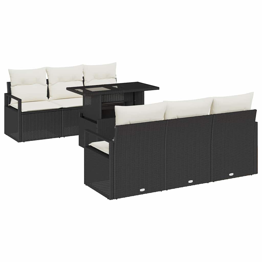 Gartensofa-set mit Speicher 7 pcs Schwarz und Creme Poly-Rattan