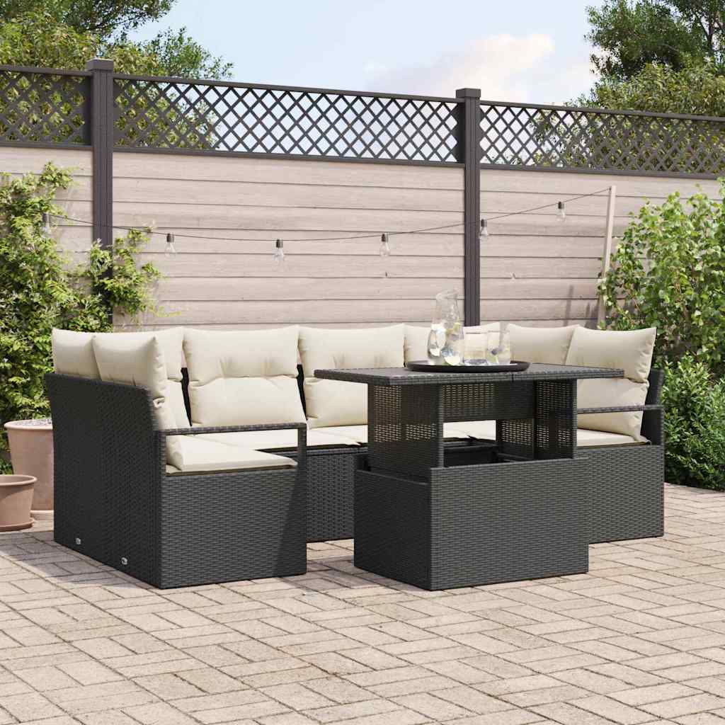 Gartensofa-set mit Speicher 7 pcs Schwarz Poly-Rattan