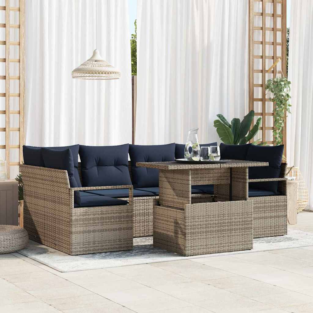 Garten-Sofa-Set 7 pcs Grau und Marineblau Poly-Rattan