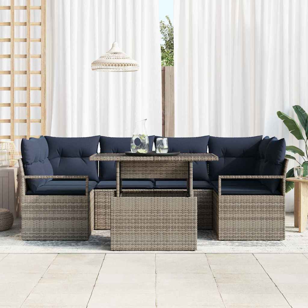 Garten-Sofa-Set 7 pcs Grau und Marineblau Poly-Rattan