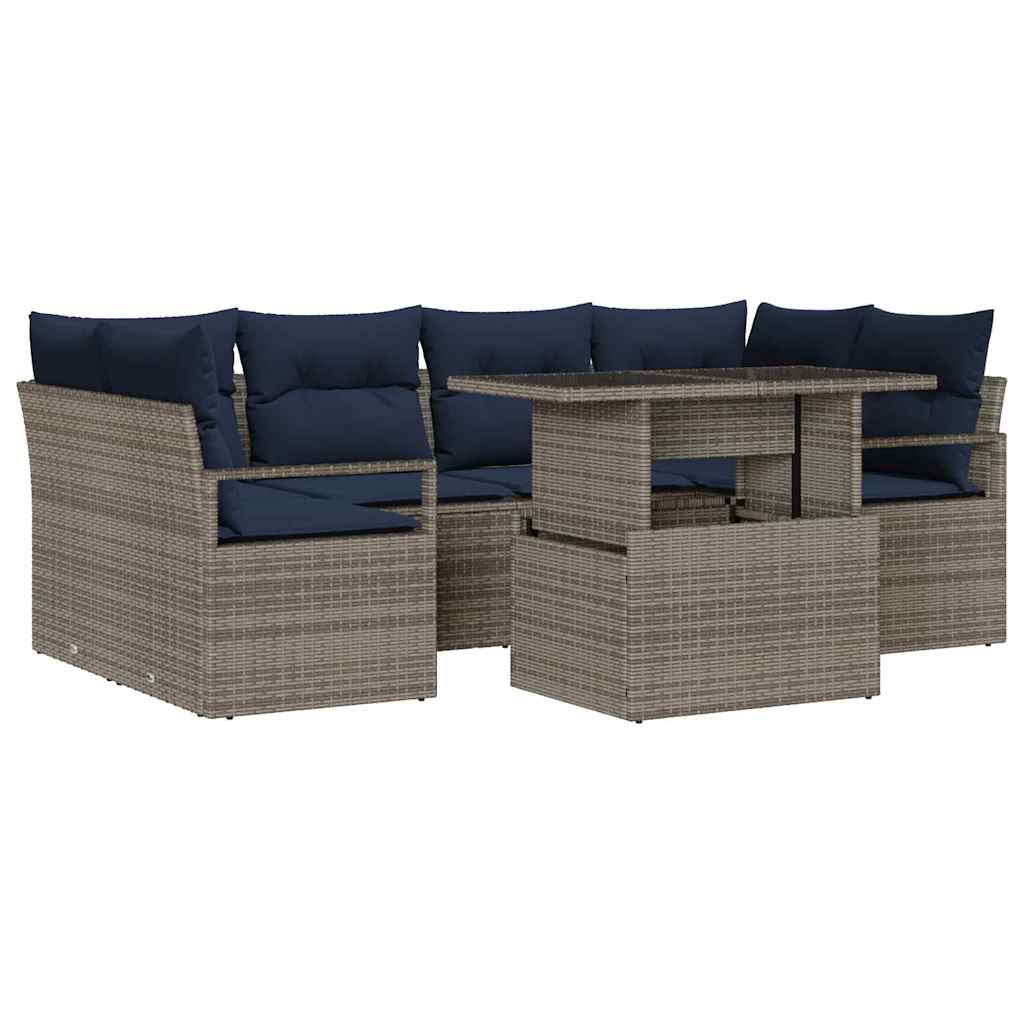 Garten-Sofa-Set 7 pcs Grau und Marineblau Poly-Rattan