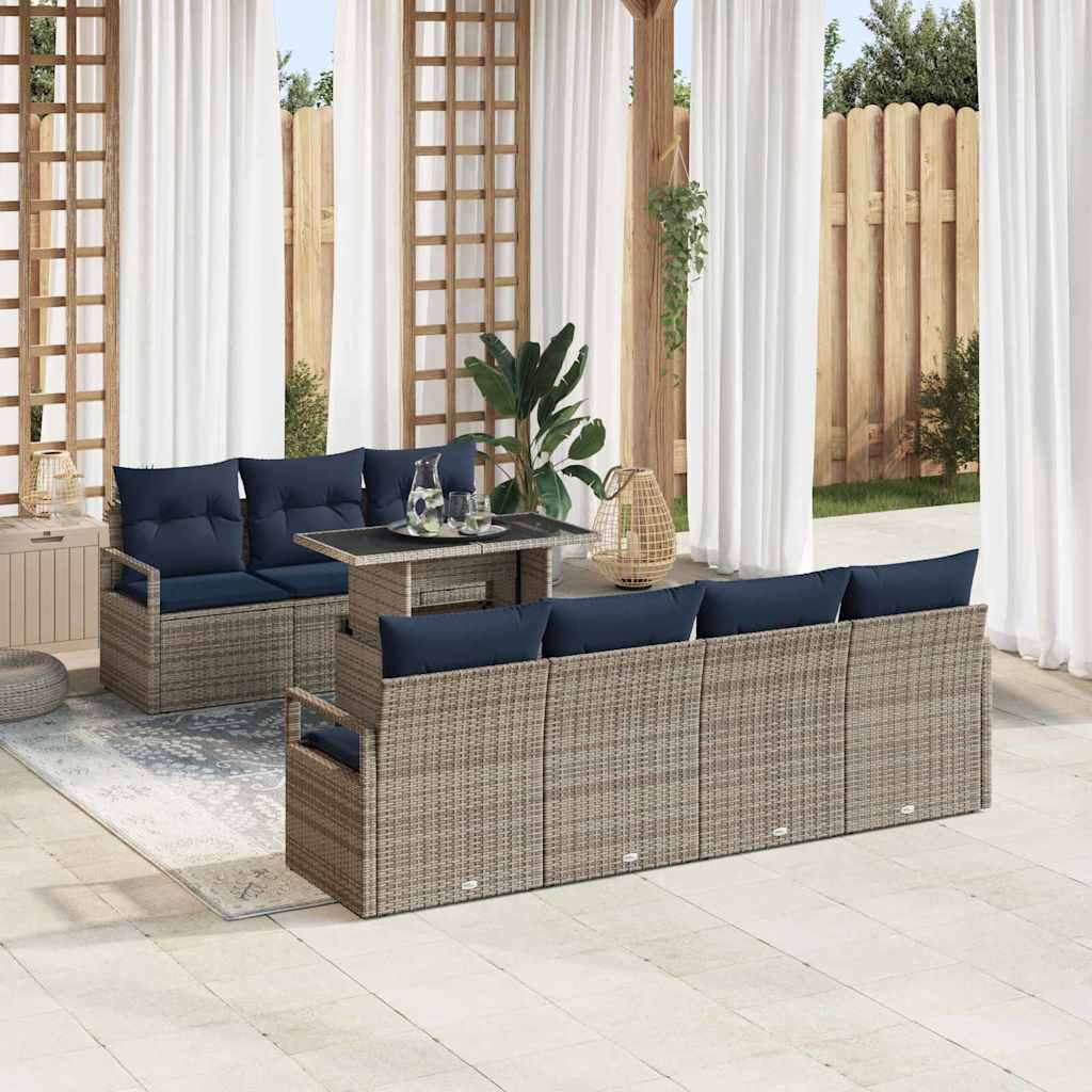 Gartensofa-set mit Kissen 8 pcs Grau und Marineblau Poly-Rattan