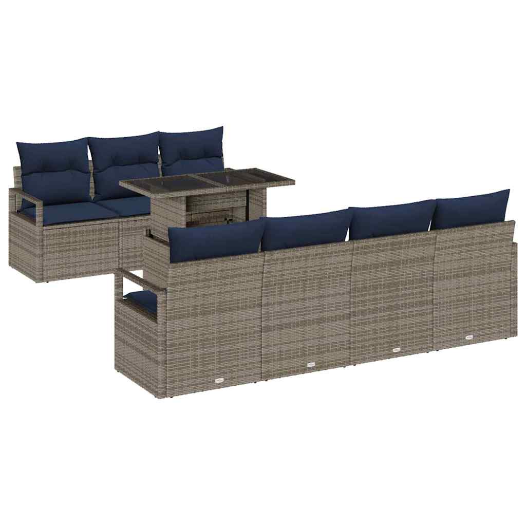 Gartensofa-set mit Kissen 8 pcs Grau und Marineblau Poly-Rattan