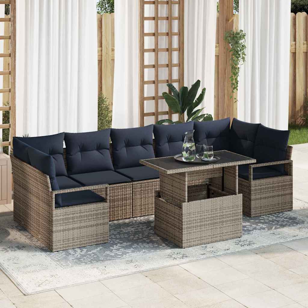 Garten-Sofa-Set 8 pcs Grau und Marineblau Poly-Rattan