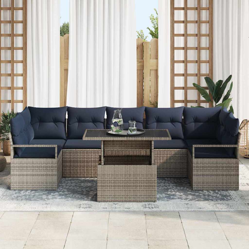 Garten-Sofa-Set 8 pcs Grau und Marineblau Poly-Rattan
