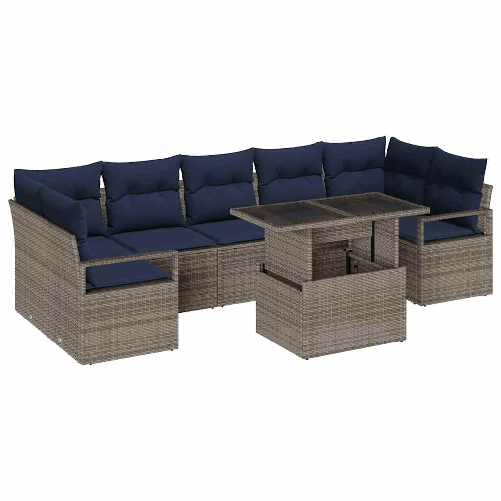 Garten-Sofa-Set 8 pcs Grau und Marineblau Poly-Rattan