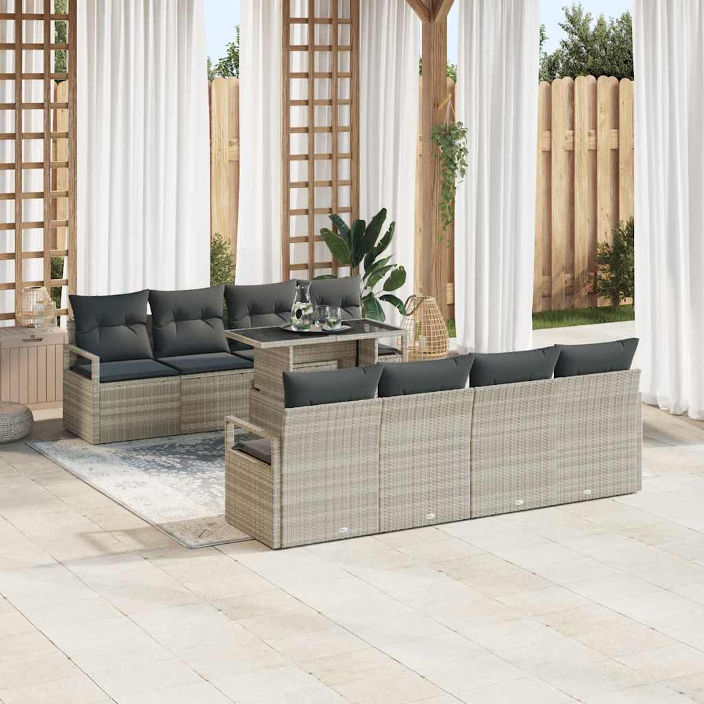 Gartensofa-set mit Speicher 9 pcs Hellgrau Poly-Rattan