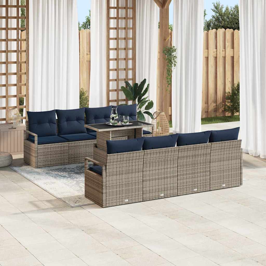 Garten-Sofa-Set 7 pcs Grau und Marineblau Poly-Rattan