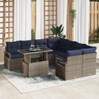 Gartensofa-set mit Kissen 9 pcs Grau und Marineblau Poly-Rattan
