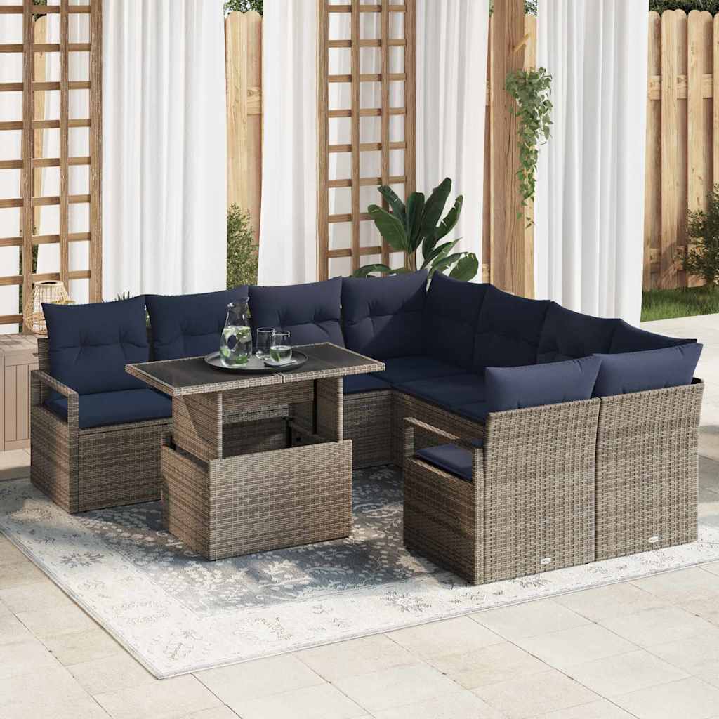 Gartensofa-set mit Kissen 9 pcs Grau und Marineblau Poly-Rattan