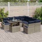 Gartensofa-set mit Kissen 9 pcs Grau und Marineblau Poly-Rattan
