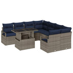 Gartensofa-set mit Kissen 9 pcs Grau und Marineblau Poly-Rattan