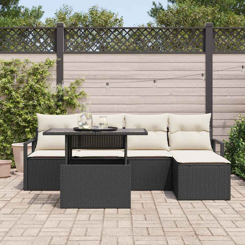 Gartensofa-set mit Speicher 6 pcs Schwarz und Creme Poly-Rattan