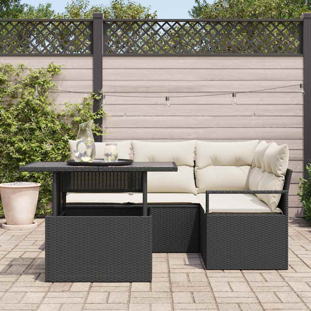 Garten-Sofa-Set mit Kissen 5 pcs Schwarz und Creme Poly-Rattan