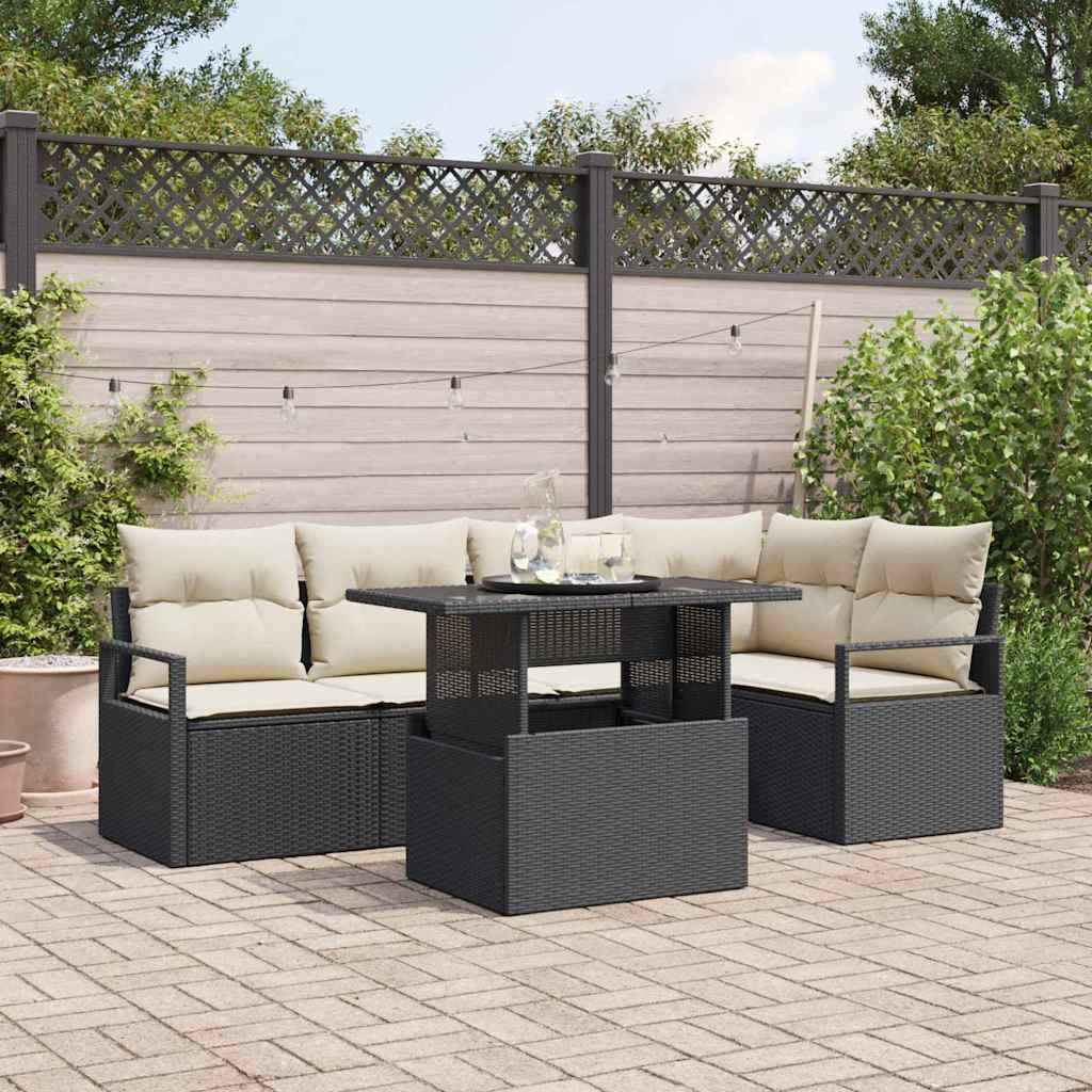 Gartensofa-set mit Speicher 6 pcs Schwarz und Creme Poly-Rattan