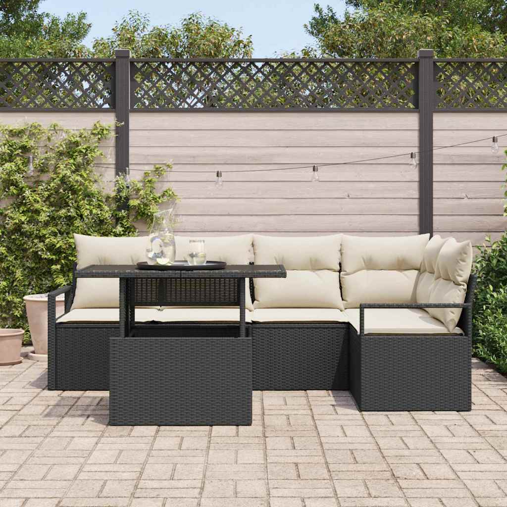 Gartensofa-set mit Speicher 6 pcs Schwarz und Creme Poly-Rattan