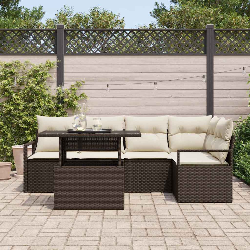 Garten-Sofa-Set mit Kissen 6 pcs Braun und Creme Poly-Rattan