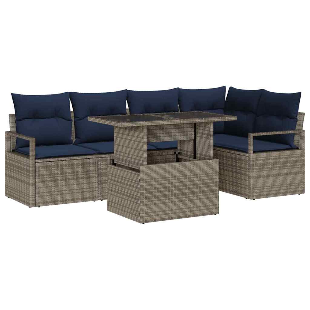 Gartensofa-set mit Kissen 6 pcs Grau und Marineblau Poly-Rattan
