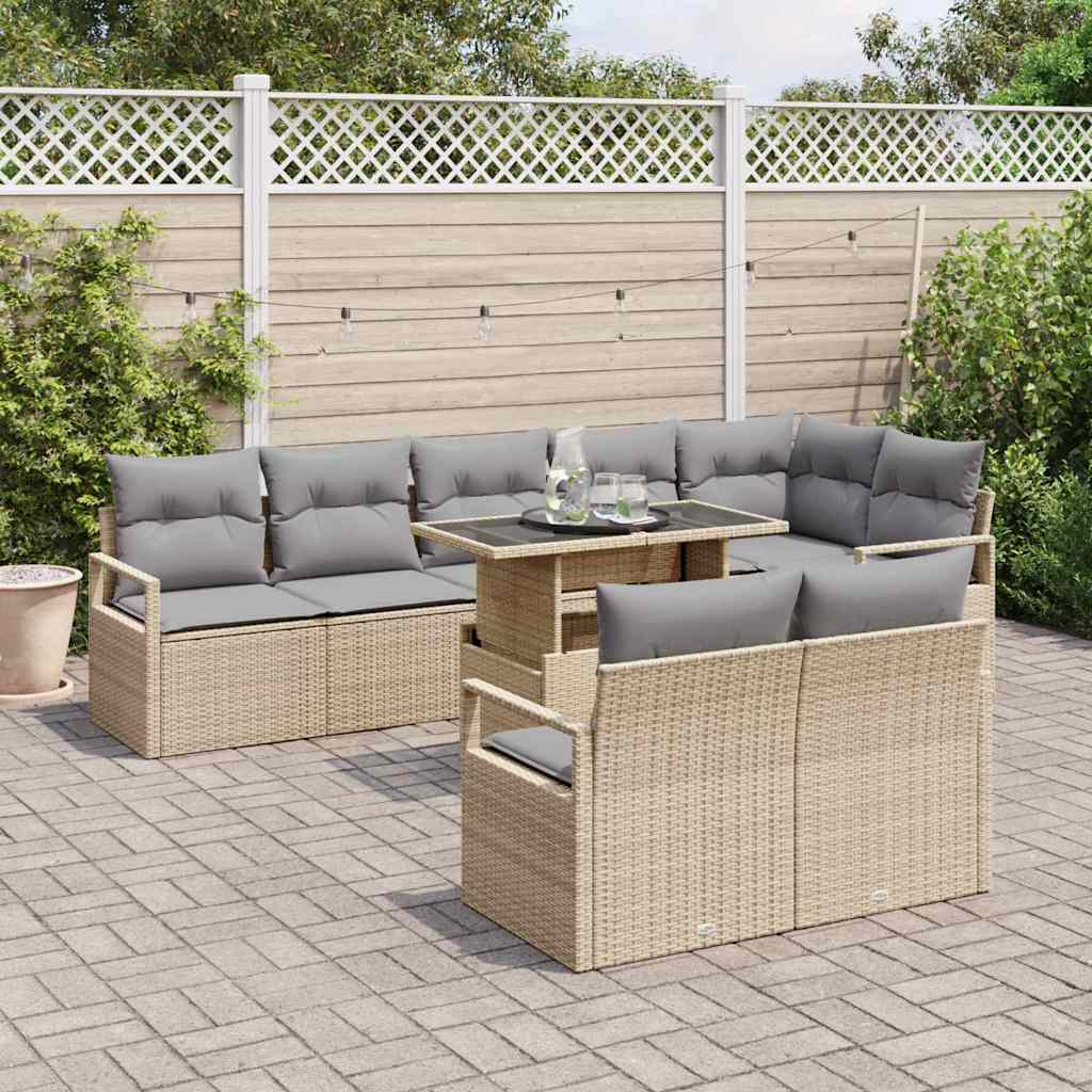 Garten-Sofa-Set mit Kissen 9 pcs Beige und Hellgrau Poly-Rattan